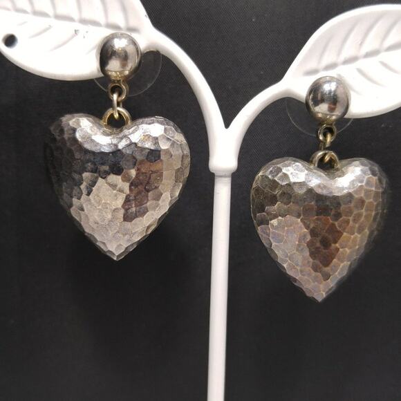 Vintage Hammered Puffy Heart Silver Tone Post Earrings, 1 1/2 Inches - Picture 1 of 7